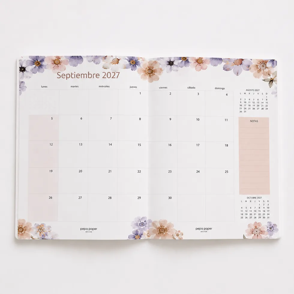 Agenda Mensual 2026-27 Castellano - 16 meses - Pressed Flowers Dark
