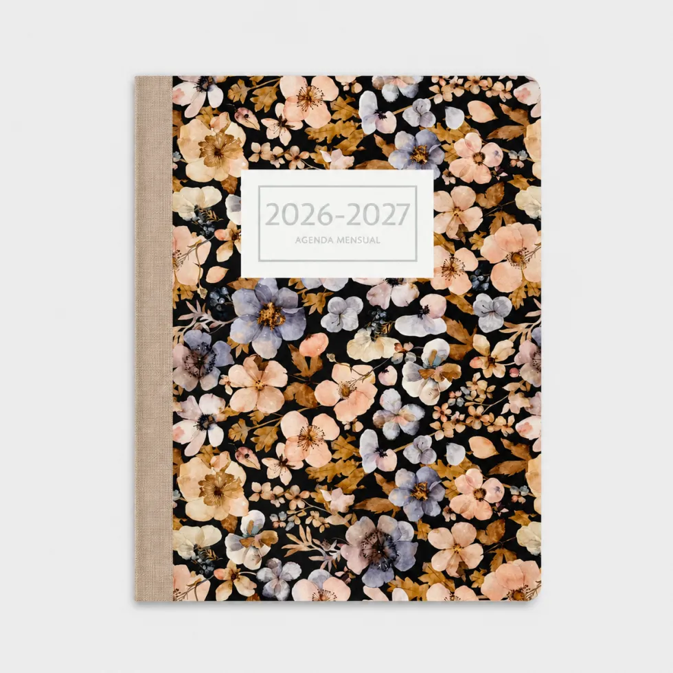 Agenda Mensual 2026-27 Castellano - 16 meses - Pressed Flowers Dark