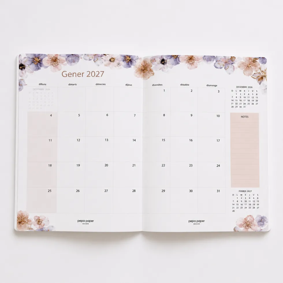 Agenda Mensual 2026-27 Català - 16 mesos - Pressed Flowers Light