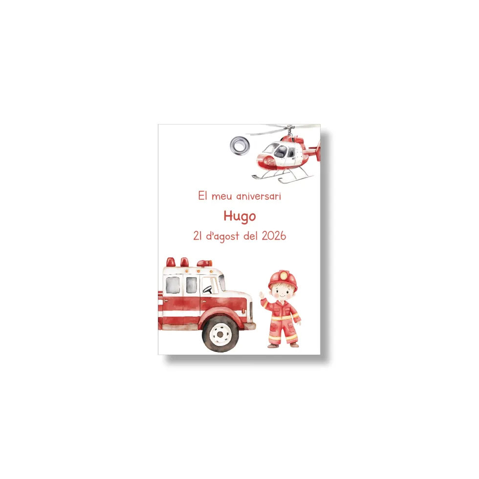 Etiqueta personalizable con motivos de bomberos. Tamaño 55x80 mm.