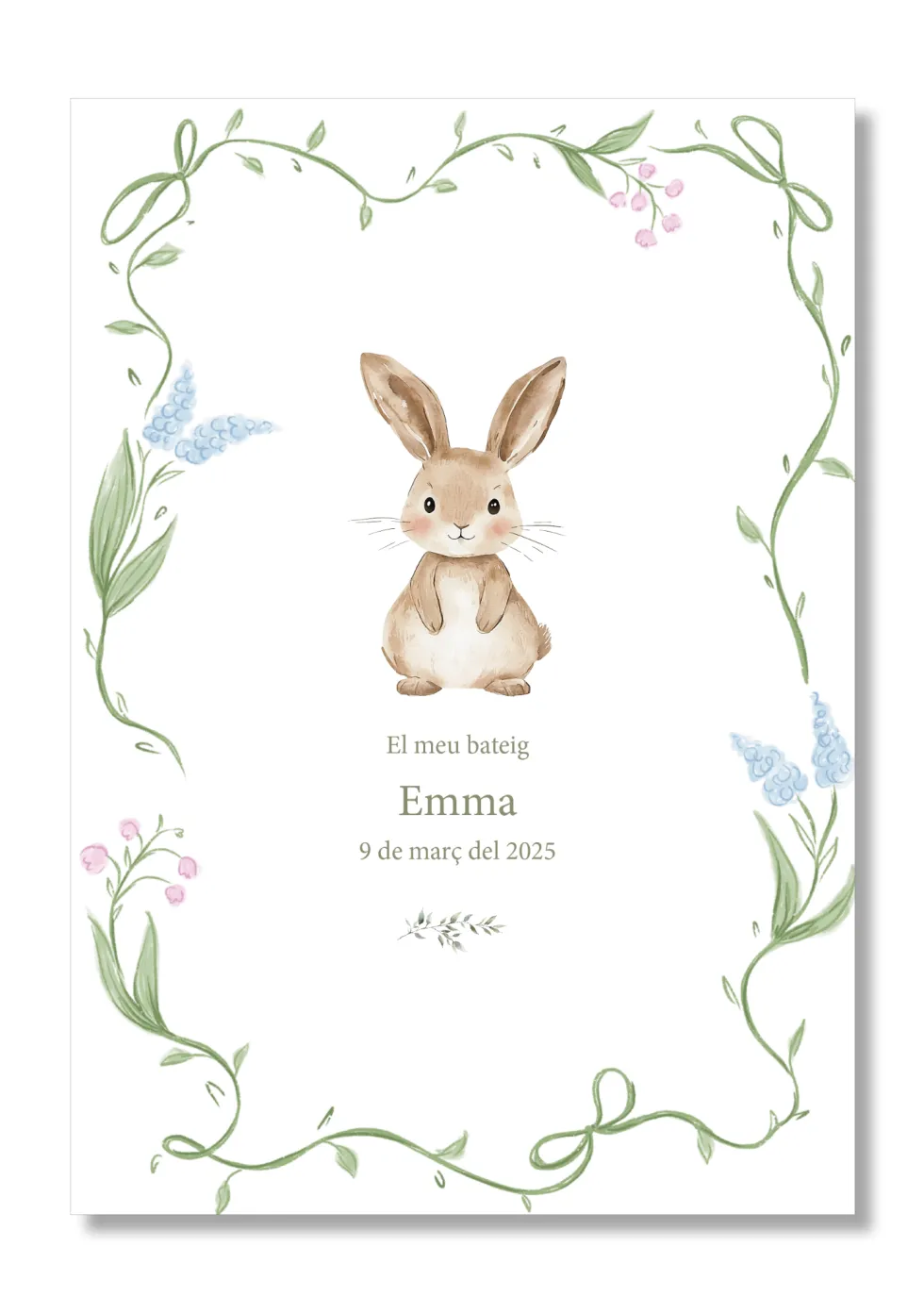 Lámina bautizo personalizable Bienvenida Flores Animales. Tamaño A5.
