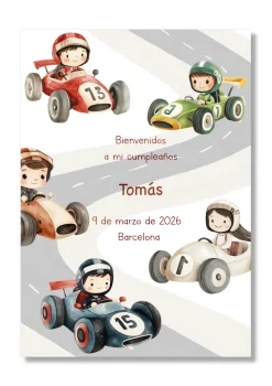 Lámina Bienvenida Cumpleaños personalizable con motivos de automoviles. Tamaño A5.