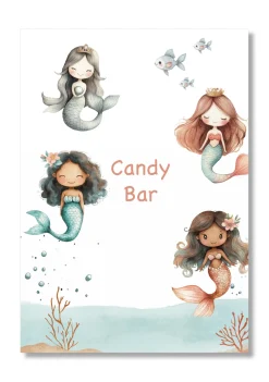 Lámina Candy Bar personalizable con motivos de sirenas. Tamaño A5.
