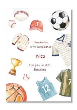 Lámina personalizable Bienvenida Cumpleaños con motivos de deportes. Tamaño A5.