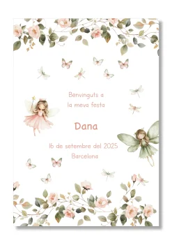 Lámina personalizable Bienvenida Cumpleaños con motivos de hadas. Tamaño A5.