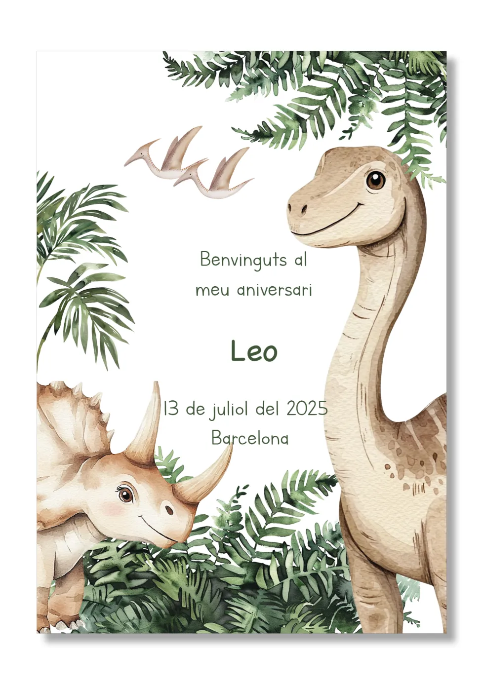 Lámina personalizable Bienvenida Cumpleaños con motivos de dinosaurios. Tamaño A5.
