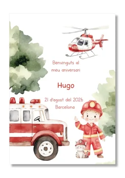 Lámina personalizable Bienvenida Cumpleaños con motivos de bomberos. Tamaño A5.