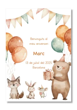 Lámina personalizable Bienvenida Cumpleaños con motivos de animales. Tamaño A5.