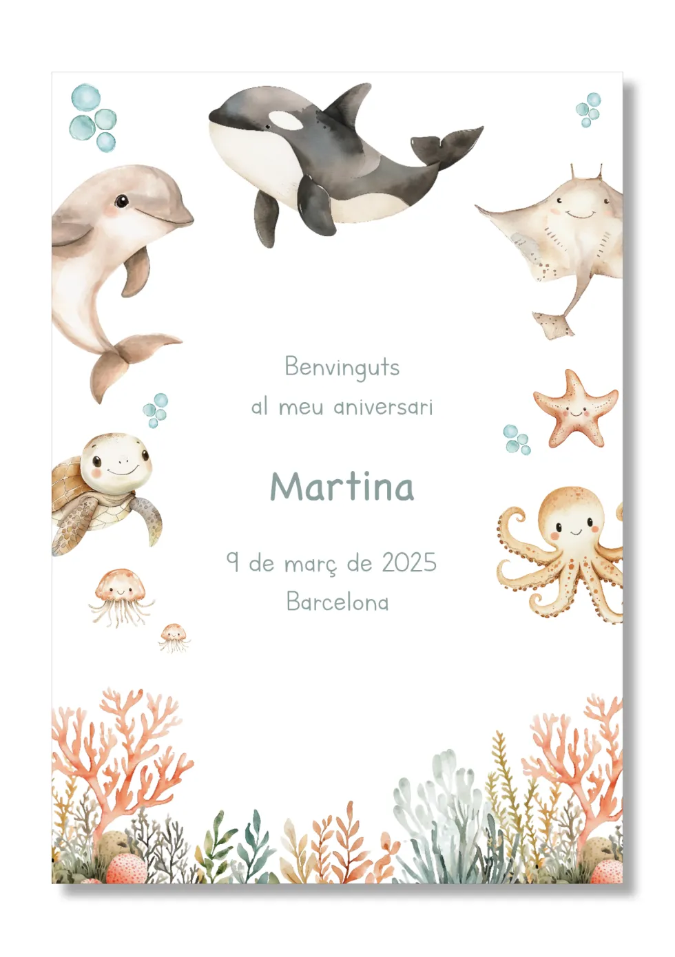 Lámina personalizable Bienvenida Cumpleaños con motivos Oceano. Tamaño A5.