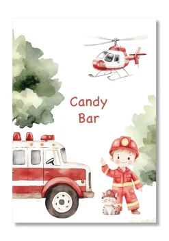 Lámina personalizable Candy Bar con motivos de bomberos. Tamaño A5.