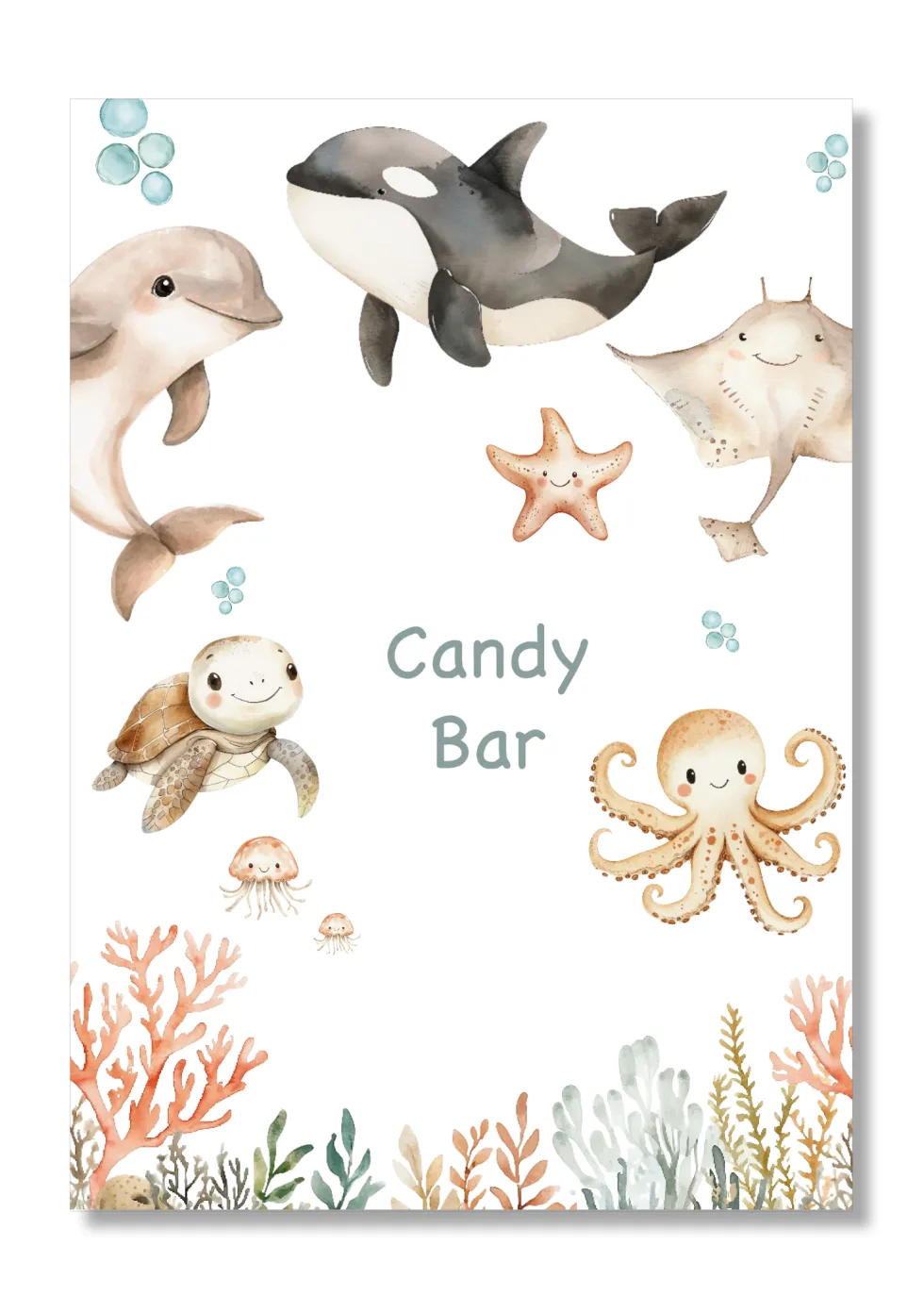 Lámina personalizable Candy Bar con motivos del Oceano. Tamaño A5.