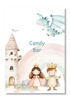 Lámina personalizable Candy Bar con motivos de princesas y príncipes.. Tamaño A5.