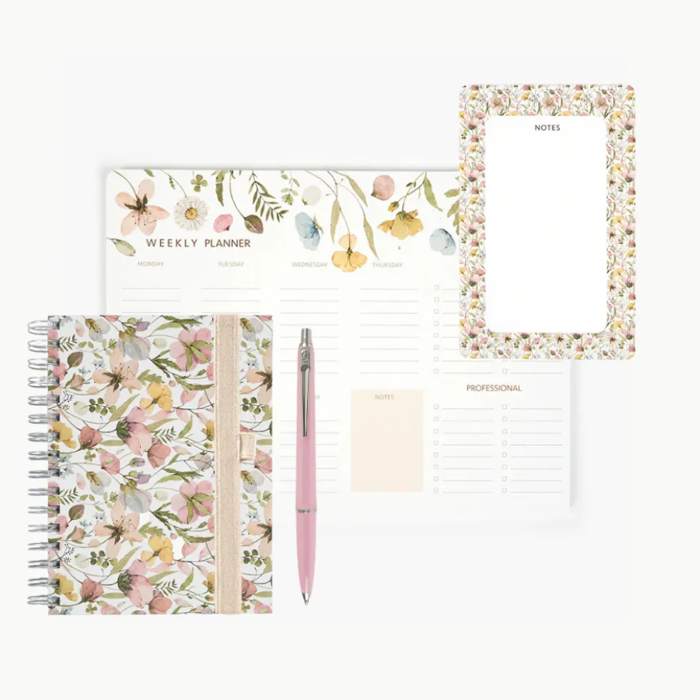 Pack "Spring Flowers" I Libreta + Planificador + Bloc Notas + Bolígrafo + Portabolígrafos