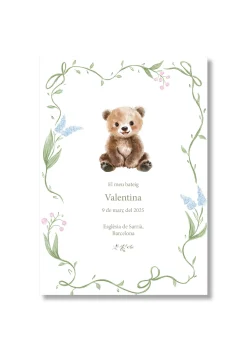 Recordatorio bautizo personalizable Flores Animales. Tamaño 80 x 120 mm.