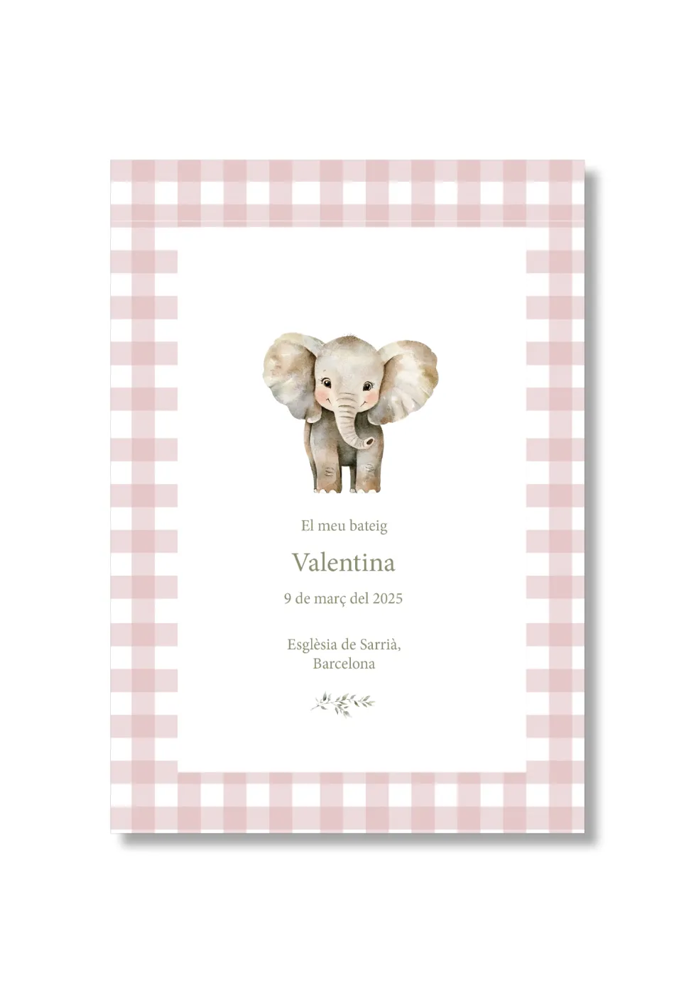 Recordatorio bautizo personalizable Vichy Animales. Tamaño 80 x 120 mm.