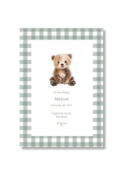 Recordatorio bautizo personalizable Vichy Animales. Tamaño 80 x 120 mm.