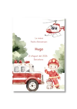 Recordatorio personalizable con de bomberos. Tamaño 80x120mm.