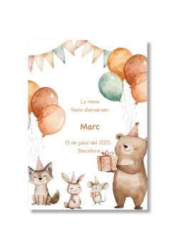 Recordatorio personalizable con motivos de animales. Tamaño 80x120mm.