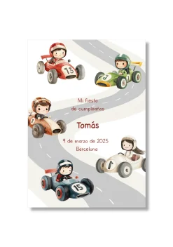 Recordatorio personalizable con motivos de automoviles. Tamaño 80x120mm.