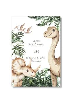 Recordatorio personalizable con motivos de dinosaurios. Tamaño 80x120mm.