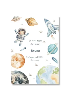 Recordatorio personalizable con motivos del Universo. Tamaño 80x115mm.