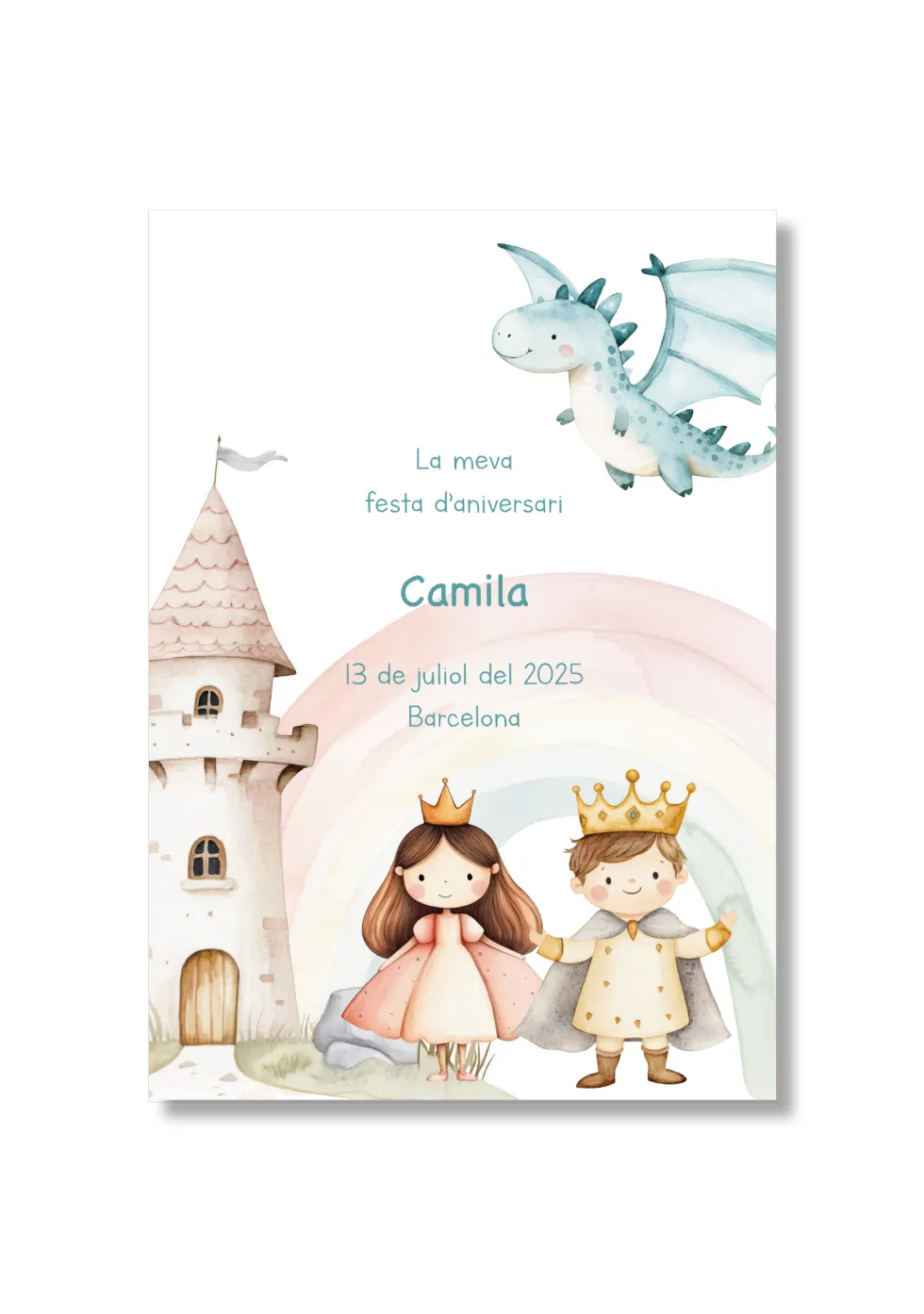 Recordatorio personalizable con motivos de princesas y príncipes.. Tamaño 80x120mm.