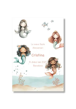 Recordatorio personalizable con motivos de sirenas. Tamaño 80x120mm.
