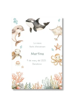 Recordatorio personalizable con motivos Oceano. Tamaño 80x120mm.